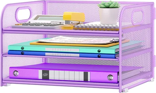 Miniatura 11 de Cawukege Organizador de papel de 3 niveles con asa, organizador de escritorio de metal, bandeja de cartas de papel de malla, carpeta de archivos