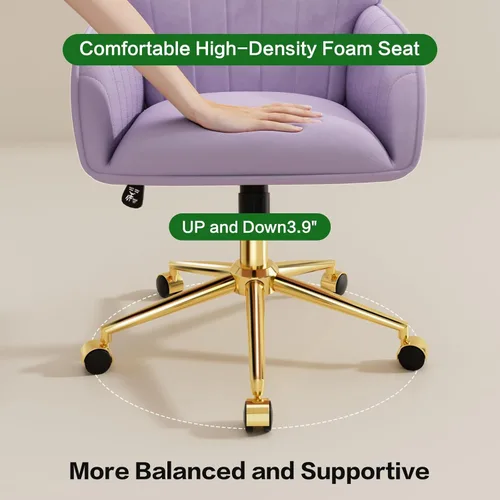 Miniatura 5 de Silla de escritorio para oficina en casa cómoda con ruedas giratorias ajustables, silla moderna de terciopelo para maquillaje con respaldo y Púrpura