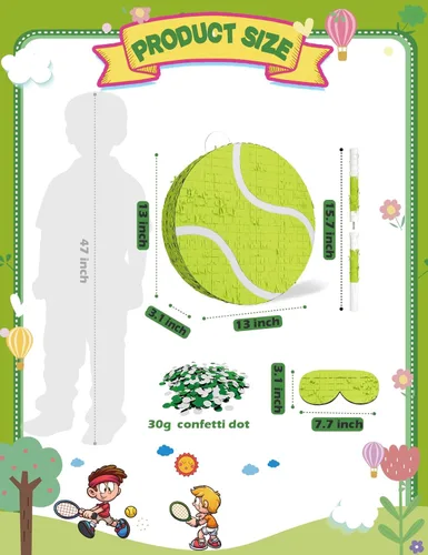 Miniatura 2 de Piñata de pelota de tenis – Incluye palo de madera, vendaje para los ojos y confeti – 13 x 13 x 3 pulgadas – Perfecto para deportes o decoraciones
