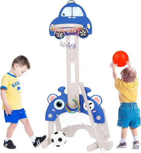 CYFIE Aro de baloncesto 4 en 1 con altura ajustable para niños pequeños, centro de actividades deportivas con aro de baloncesto, red de fútbol,