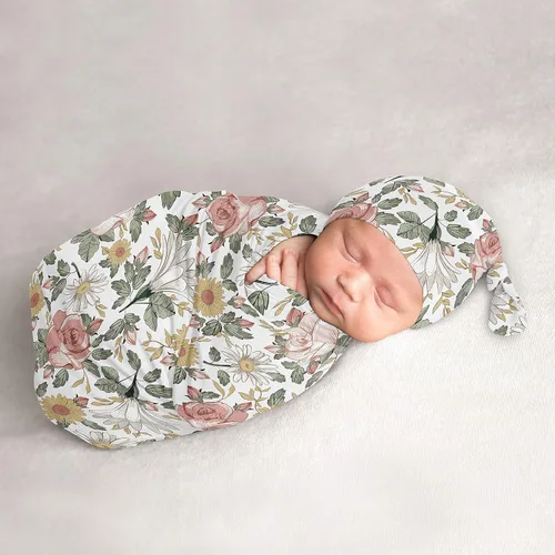 Sweet Jojo Designs Juego de 2 gorros y gorro para bebé con estampado floral vintage, saco de dormir de punto elástico para bebé, recién nacido, saco