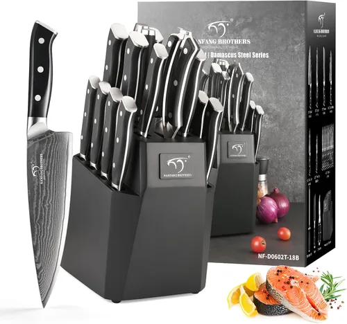 Miniatura 9 de NANFANG BROTHERS Damasco - Juego de cuchillos de cocina, 18 piezas con bloque, asas ergonómicas, tenedor de tallar, afilador, tijeras