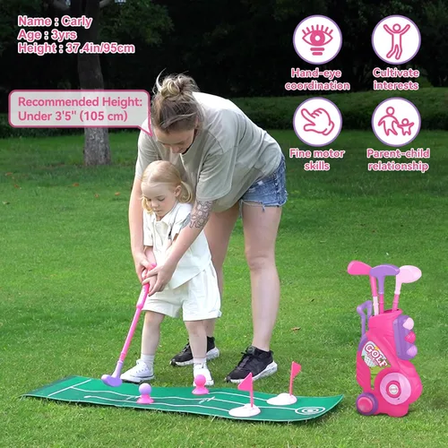 Miniatura 4 de Liberry Juego de golf para niños de 2, 3 y 4 años, carrito de golf mejorado para niños con tabla de golf y tapete de golf, juguetes de golf para Rosa