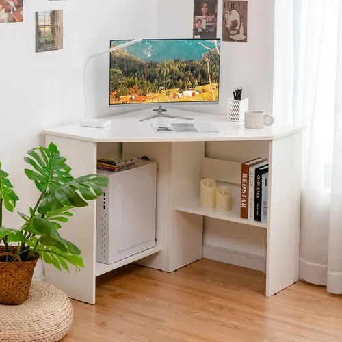 Miniatura 2 de Augester - Escritorio esquinero moderno, mesa de computadora triangular de 90 grados con estantes, agujero para cable, escritorio esquinero que