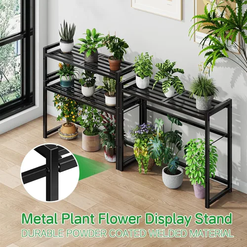 Miniatura 3 de Ekisemio Soporte de metal para plantas de 3 niveles, resistente al agua para interiores y exteriores, estante apilable para macetas altas y estante