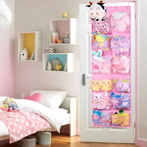 Miniatura 6 de KIMBORA 12 bolsillos grandes de malla sobre la puerta, organizador de zapatos para armario, zapatero colgante para puerta, zapatillas, Rosa