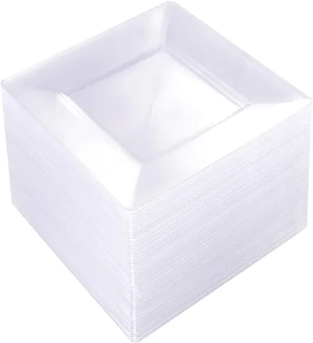 Miniatura 15 de WDF Platos de postre de plástico plateado con tenedores de plástico, 100 platos cuadrados desechables para aperitivos, platos pequeños con borde