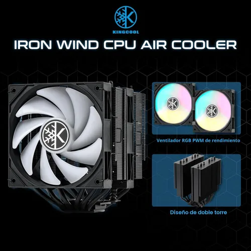Miniatura 3 de KINGCOOL Iron Wind 120 ARGB Enfriador de aire para CPU, 6 tubos de calor y torres duales, ventiladores PWM duales de 120 mm, velocidad de 1800 RPM