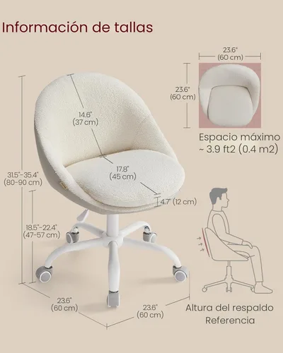 Miniatura 2 de VASAGLE Silla de tocador con respaldo, silla de escritorio giratoria ajustable y linda con ruedas, sherpa y cuero PU para soporte lumbar, compacta