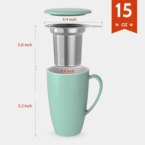 Miniatura 2 de Sweese Taza de té de porcelana de 15 onzas con infusor y tapa, apta para microondas, mango ergonómico, esmalte sin plomo, para té de hojas sueltas