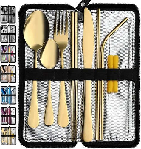 Miniatura 12 de VANDBAO Utensilios de viaje portátiles, cubiertos reutilizables con estuche para fijar vajilla, juego de cubiertos estables de acero inoxidable de 9
