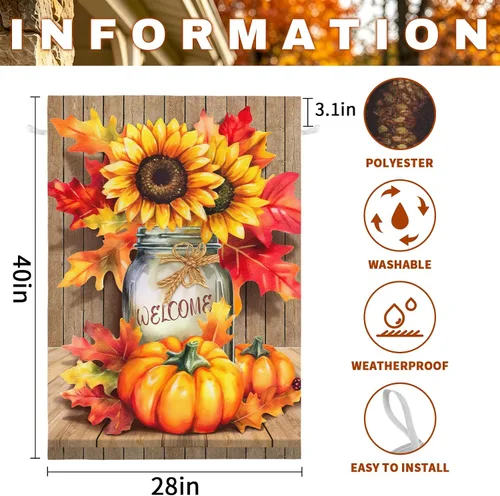 Miniatura 3 de Fall Garden Flags Thanksgiving Sunflower Pumpkin Printing House Flag Welcome Autumn Maple Leaves Yard Flags for Outside Mason Jar Pattern Floral