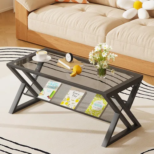 Miniatura 13 de Mesa de café Wolawu de vidrio negro para sala de estar, mesa central rectangular moderna con marco de metal resistente, mesa de té de vidrio