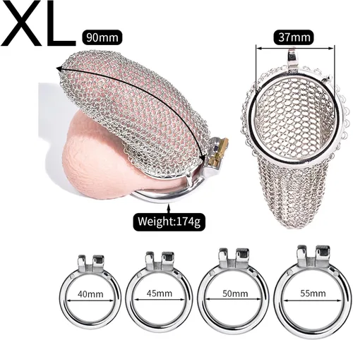 Miniatura 7 de MFMYEE Jaula para pene SM de acero inoxidable, jaula de malla para el pene con 4 anillos para la polla, juego de dispositivos de castidad masculina