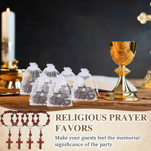 Miniatura 6 de Yinkin 30 piezas de rosario de bautismo, versículos bíblicos, recuerdos de bautismo, rosario de madera, cruces religiosas, regalos a granel con 30