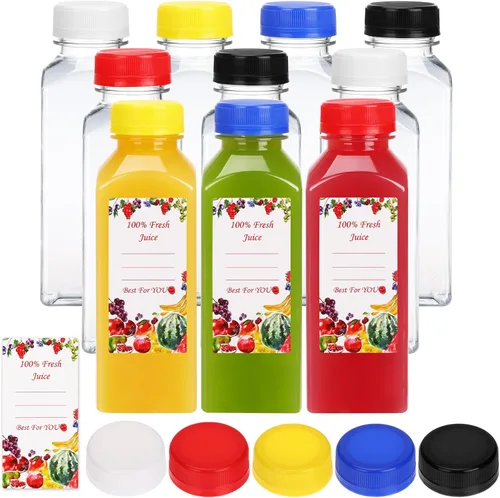 Miniatura 13 de SUPERLELE 10 botellas de plástico para jugo de 12 onzas con 10 tapas negras y 10 tapas azules, recipientes de jugo reutilizables con tapas