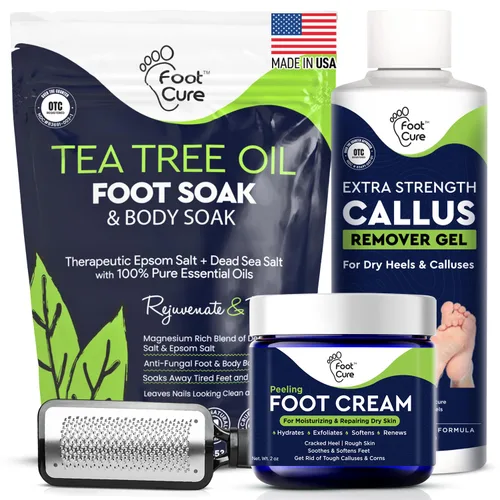 FOOT CURE Juego de pedicura exfoliante y removedor de callos – Kit de cuidado que incluye lima para piel muerta, sales de remojo de aceite de árbol