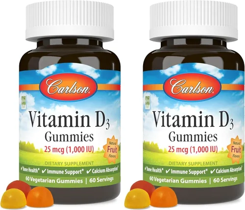 Miniatura 9 de Carlson - Gomitas de vitamina D3, 1000 UI (25 mcg), salud ósea, apoyo inmunológico y absorción de calcio, sabores naturales de frutas, 60 gomitas