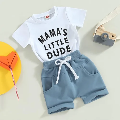 Miniatura 47 de Conjunto de traje de verano para bebé niño pequeño, manga corta, cuello redondo, letras impresas, lindo traje de verano, conjunto de 2 piezas