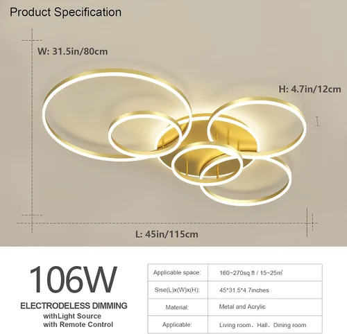 Miniatura 4 de Lámpara de techo LED moderna de 106 W, regulable, lámpara de techo acrílica LED con control remoto, 6 anillos, luz de techo de montaje al ras, Dorado