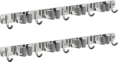 Miniatura 14 de CUXIXA Organizador de escoba y trapeador para colgar en la pared, soporte de pared mejorado para trapeador y escoba, soporte de pared de acero Plata