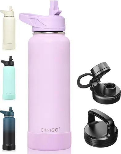 Miniatura 23 de CIVAGO Botella de agua aislada de 22 onzas con pajita, frasco de agua deportiva de acero inoxidable con 3 tapas