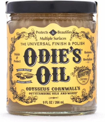 Odie's Oil - Acabado universal para madera, cuero, plástico, vinilo, metal y más - Frasco de vidrio de 9 onzas - Acabado seguro para alimentos, sin