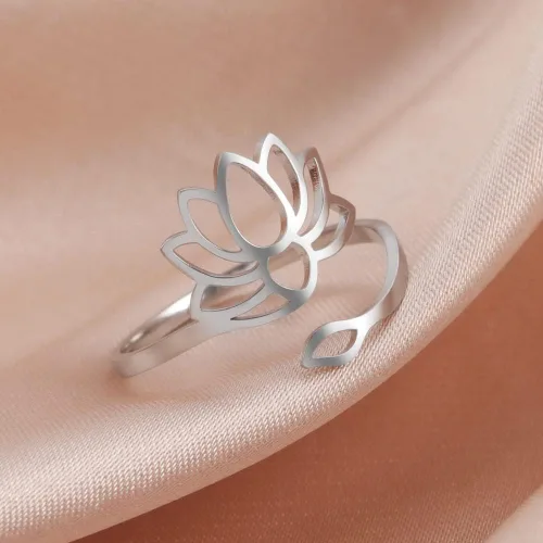Miniatura 4 de kkjoy Anillo de yoga de flor de loto de acero inoxidable con diseño de loto ajustable, anillo de dedo abierto, regalo inspirador para mujeres