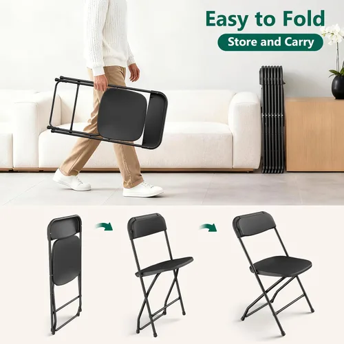 Miniatura 9 de Paquete de 2 sillas plegables de plástico negro, sillas plegables portátiles para exteriores con marco de acero, capacidad de 350 libras, sillas