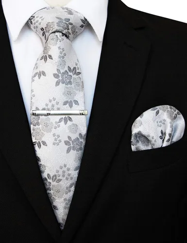 Miniatura 2 de JEMYGINS Conjunto de corbata floral y clip de corbata cuadrado de bolsillo para hombre
