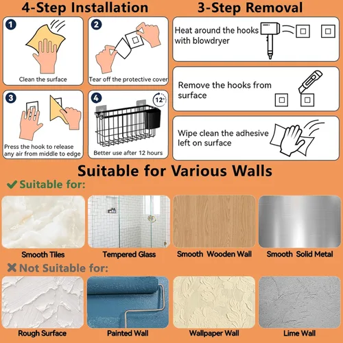 Miniatura 4 de Paquete de 3 cestas de almacenamiento colgantes, contenedores de metal adhesivos montados en la pared con taza extraíble, sin taladrar para cocina