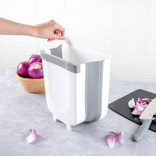 Miniatura 5 de Restaurantware RW Base - Cubo de basura plegable de 11.4 x 10 x 7.1 pulgadas, 1 bote de basura plegable, con ranura en forma de U, color gris, placa
