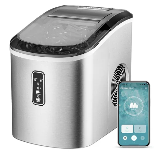Miniatura 10 de EUHOMY, Fabricador de hielo para encimera con asa, listo en 6 minutos, 34 libras por día, cubierta superior extraíble, autolimpiante, máquina