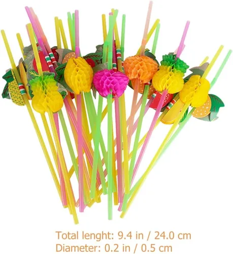 Miniatura 6 de Kichvoe Paquete de 60 pajitas de fiesta con temática hawaiana, agitadores de bebidas en forma de fruta para niños y niñas, pajitas de plástico