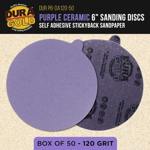 Miniatura 2 de Dura-Gold Discos de lijado de cerámica de grano 120 de 6 pulgadas, PSA de película morada, caja de 50 unidades, papel de lija autoadhesivo