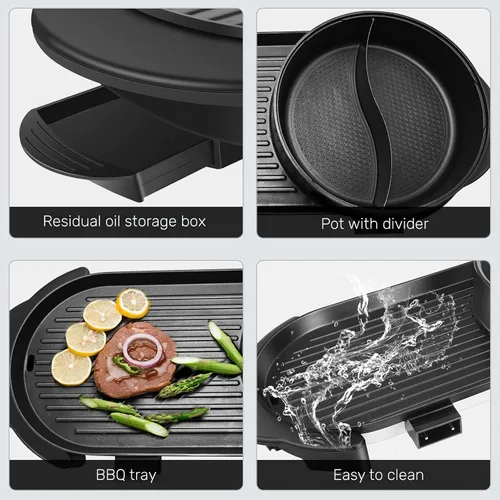 Miniatura 6 de SEAAN Olla caliente con parrilla, parrilla eléctrica para interiores, Shabu Shabu Shabu Pot coreana sin humo, doble temperatura contral, capacidad