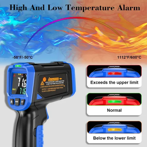 Miniatura 5 de Pistola Termómetro Láser FKM -58 °F~1112 °F (-50 °C~600 °C), Pistola Termómetro Infrarrojo sin Contacto para Industrial, Motor, HVAC, Cocina