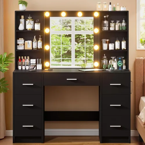 Mesa de Tocador con Espejo y Luces LED, Tocador Grande con 7 Cajones y 6 Estantes, Mesa de Maquillaje con Estación de Carga para Mujeres y Niñas