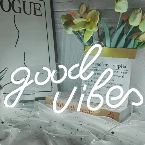 Miniatura 11 de Good Vibes - Letrero de neón LED para decoración de pared, luces de neón azules para dormitorio y fiesta, luz de neón brillante alimentada por USB