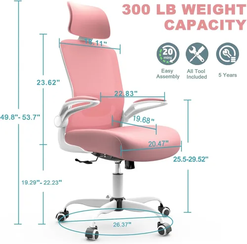 Miniatura 2 de Mimoglad Silla de oficina, silla de escritorio ergonómica de respaldo alto con soporte lumbar ajustable y reposacabezas, silla giratoria con Rosa