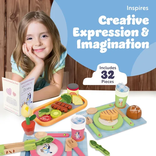 Miniatura 2 de Bluey Frutas y verduras de juguete para niños pequeños, 32 piezas de comida de simulación con platos, utensilios, comida de juego para bebés