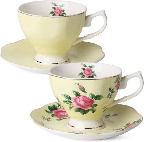 Miniatura 9 de BTaT- Juego de 2 tazas de té y platillos florales, 8 onzas, juego de tazas de té de porcelana fina con ribete dorado para té de la tarde, bodas, Azul