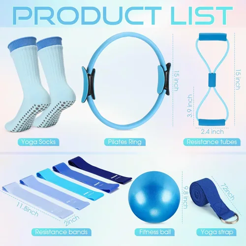 Miniatura 2 de Silipull Juego de 6 anillos de pilates y pelota esenciales para mujeres, pelota de ejercicio de yoga circular de 14 pulgadas, 5 bandas de Azul