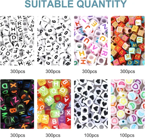 Miniatura 2 de QUEFE 2000 cuentas de letras en forma de cubo para pulseras, cuentas de números del alfabeto de 9 colores con 1 rollo de cuerda elástica