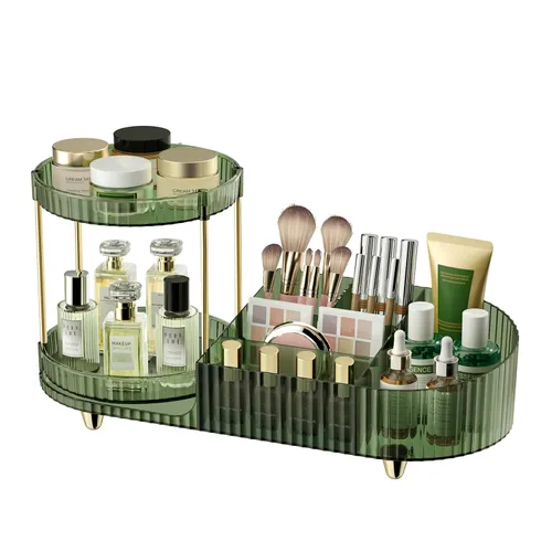 Miniatura 10 de Organizador de maquillaje giratorio para tocador, 2 bandejas de perfume con 5 compartimentos, almacenamiento de cosméticos y cuidado de la piel