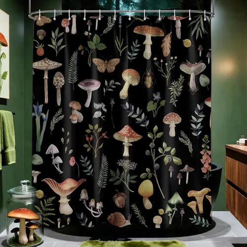 Miniatura 11 de Cortina de ducha de hongos, bonito juego de cortinas de ducha de hongos negros para decoración de baño, tela de poliéster impermeable con ganchos