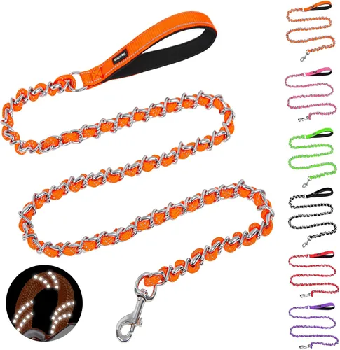 Miniatura 19 de HOMIMP Correa de perro a prueba de mordidas para perros medianos y grandes, correa reflectante de cadena de metal resistente de 6 pies con mango