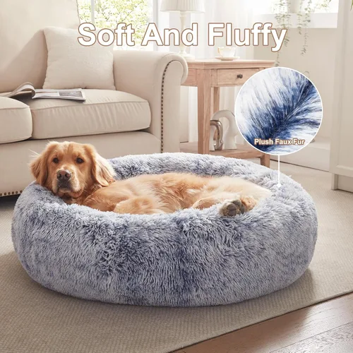 Miniatura 4 de Cama redonda con forma de dona de 36 pulgadas para perros grandes, cama redonda calmante y esponjosa para mascotas con funda extraíble y lavable, se