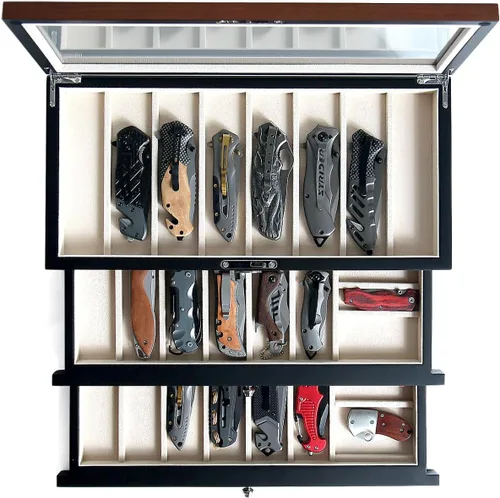 Estuche Expositor de Cuchillos de Bolsillo para Hombre, Juego de Cuchillos Plegables de 22-26 Pulgadas con Acabado de Nogal, Organizador de Walnut