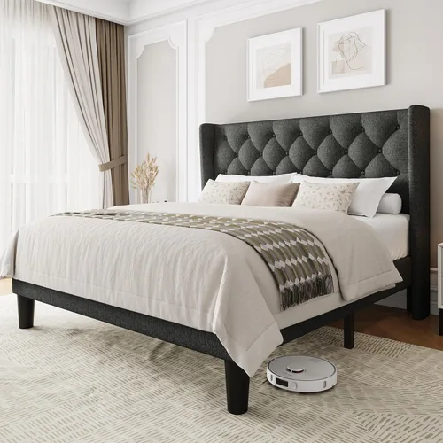 Miniatura 9 de Einhomn Base de cama de plataforma de tamaño matrimonial con cabecera tapizada de tela, 10 pulgadas debajo de la cama, soporte de listones de madera